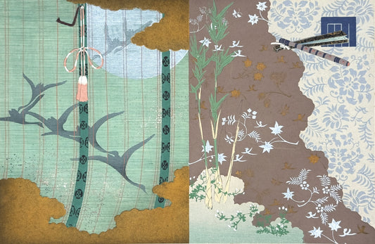 Estampes Japonaise de Kojima Gyokuho, dit du genji, store japonais vert, grues, et pleine lune, tissus motifs fleurs, flûte