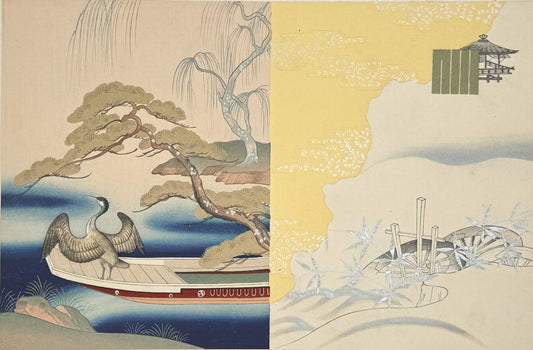 Estampe Japonaise de Kojima Gyokuho, dit du genji, paysage, arbres, pin, saule, barque, cormoran, roues, herbes argentées, tissu jaune