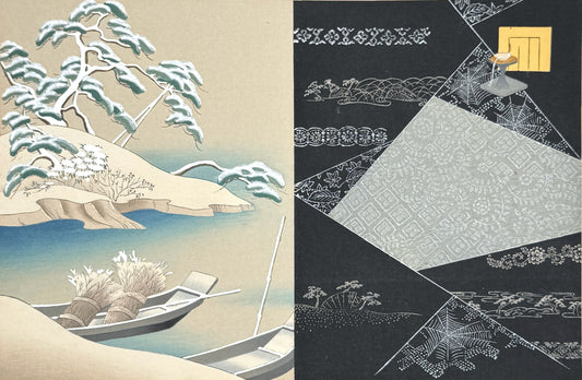 Estampe Japonaise de Kojima Gyokuho, dit du genji, paysage hiver, neige, barques, pins, tissu noir, motifs argentés géométrique et fleurs