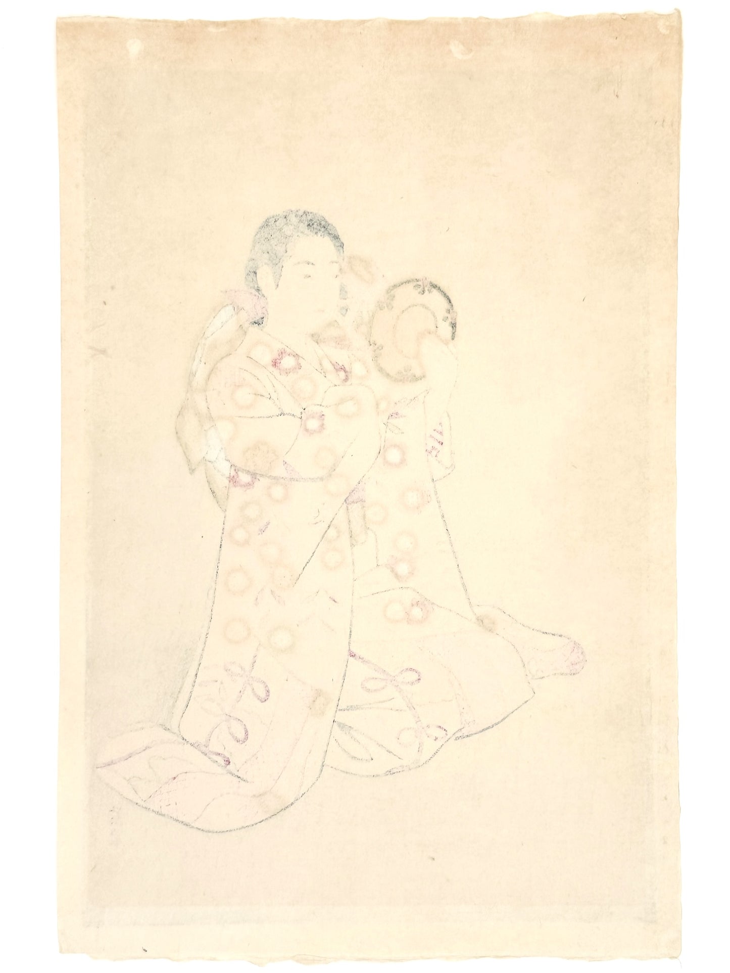 Estampe Japonaise de Kasamatsu Shiro, femme jouant du Kotsuzumi, tambour kimono, dos estampe