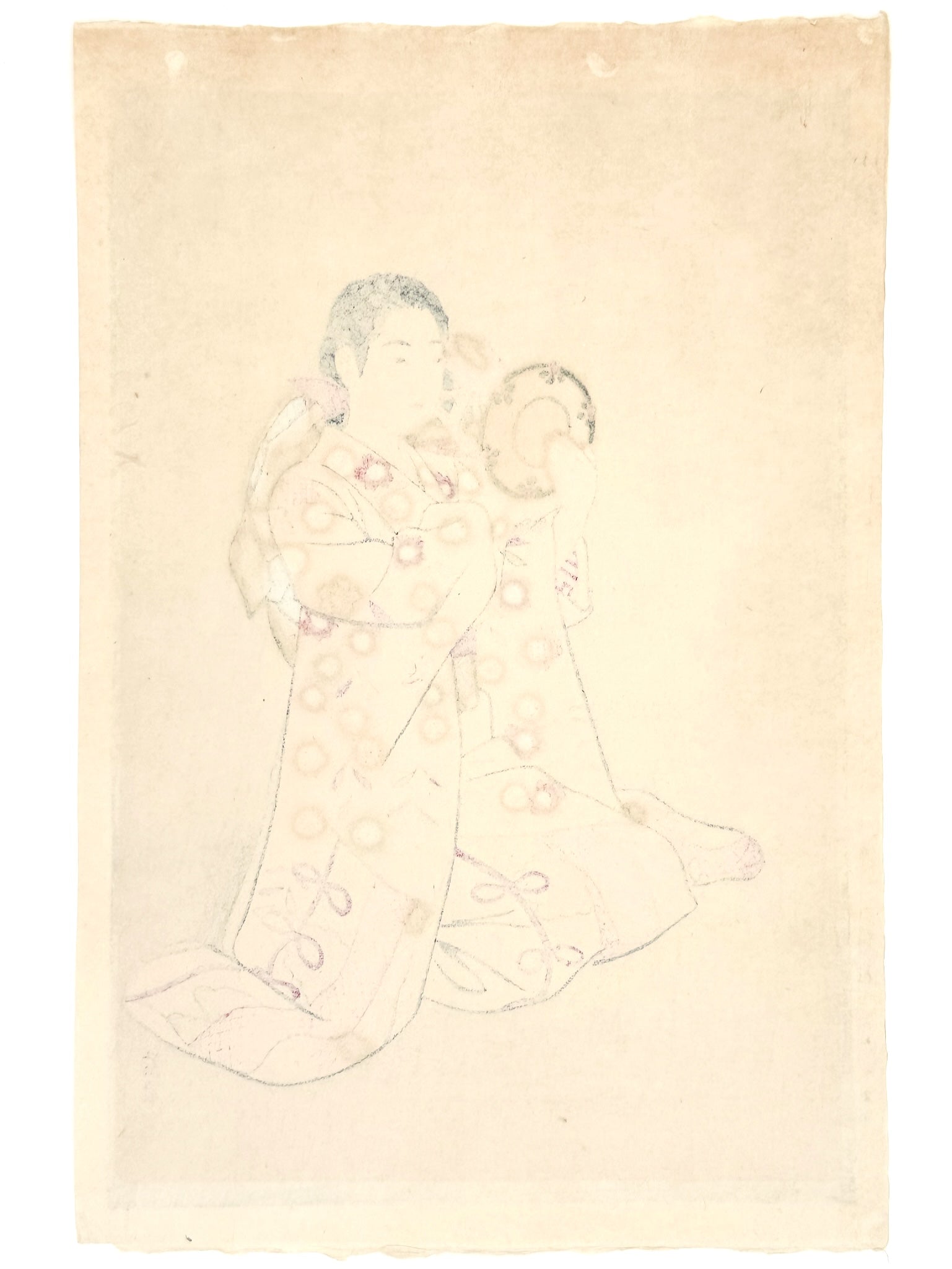 Estampe Japonaise de Kasamatsu Shiro, femme jouant du Kotsuzumi, tambour kimono, dos estampe