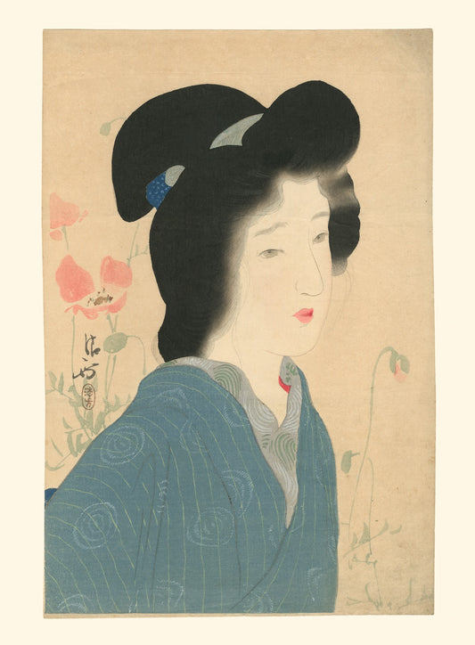 estampe japonaise portrait femme fond fleur reproduction fine art