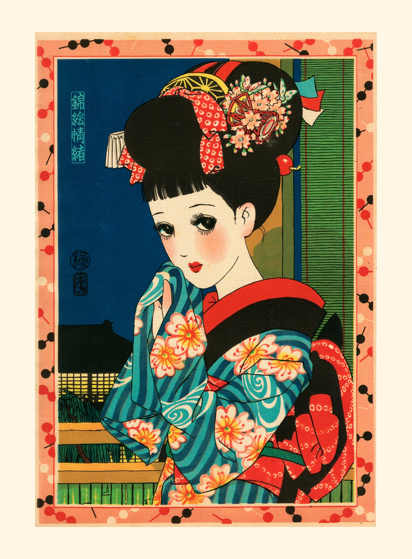 estampe japonaise portrait d'une jeune fille aux grands yeux des manga de Junichi Nakahara