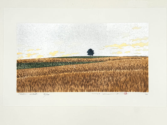 estampe japonaise contemporaine de paysage, chmps de blé, arbre et fond argent