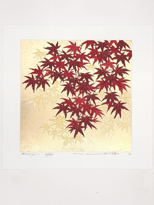 estampe japonaise feuilles d'érable rouge sur fond or