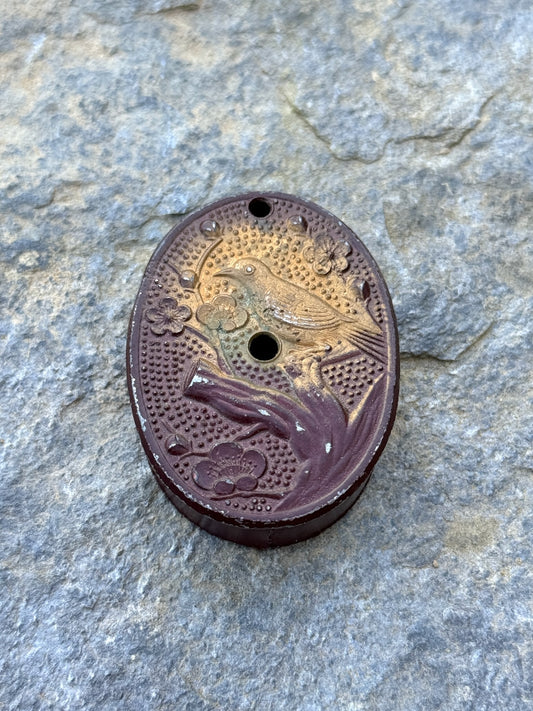 suiteki compte-goutte japonais en métal marron motif oiseau sur branche cerisier en fleur