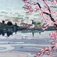 estampe japonaise Mont Fuji cerisier en fleurs,  reflet sur le lac