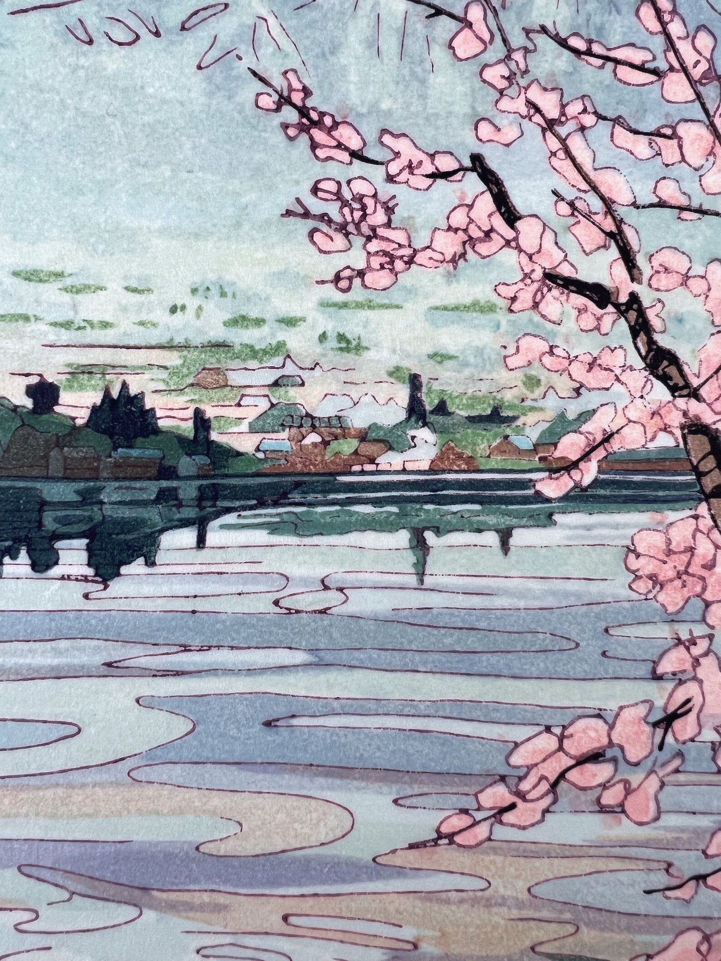 estampe japonaise Mont Fuji cerisier en fleurs,  reflet sur le lac