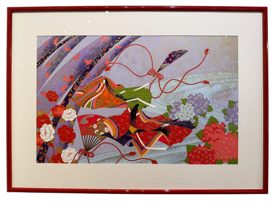 sérigraphie japonaises le prince Genji et une courtisane et éventail, pivoines et hortensia, représentant l'été. Avec cadre jonc laqué rouge