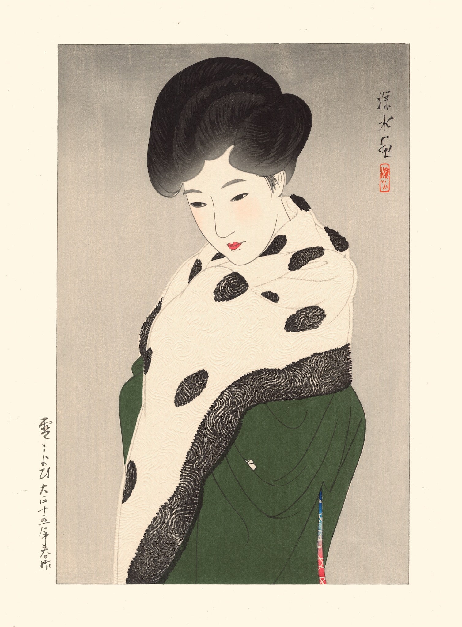 estampe japonaise de Shinsui Ito portrait de femme en buste avec une longue écharpe noire et blanche