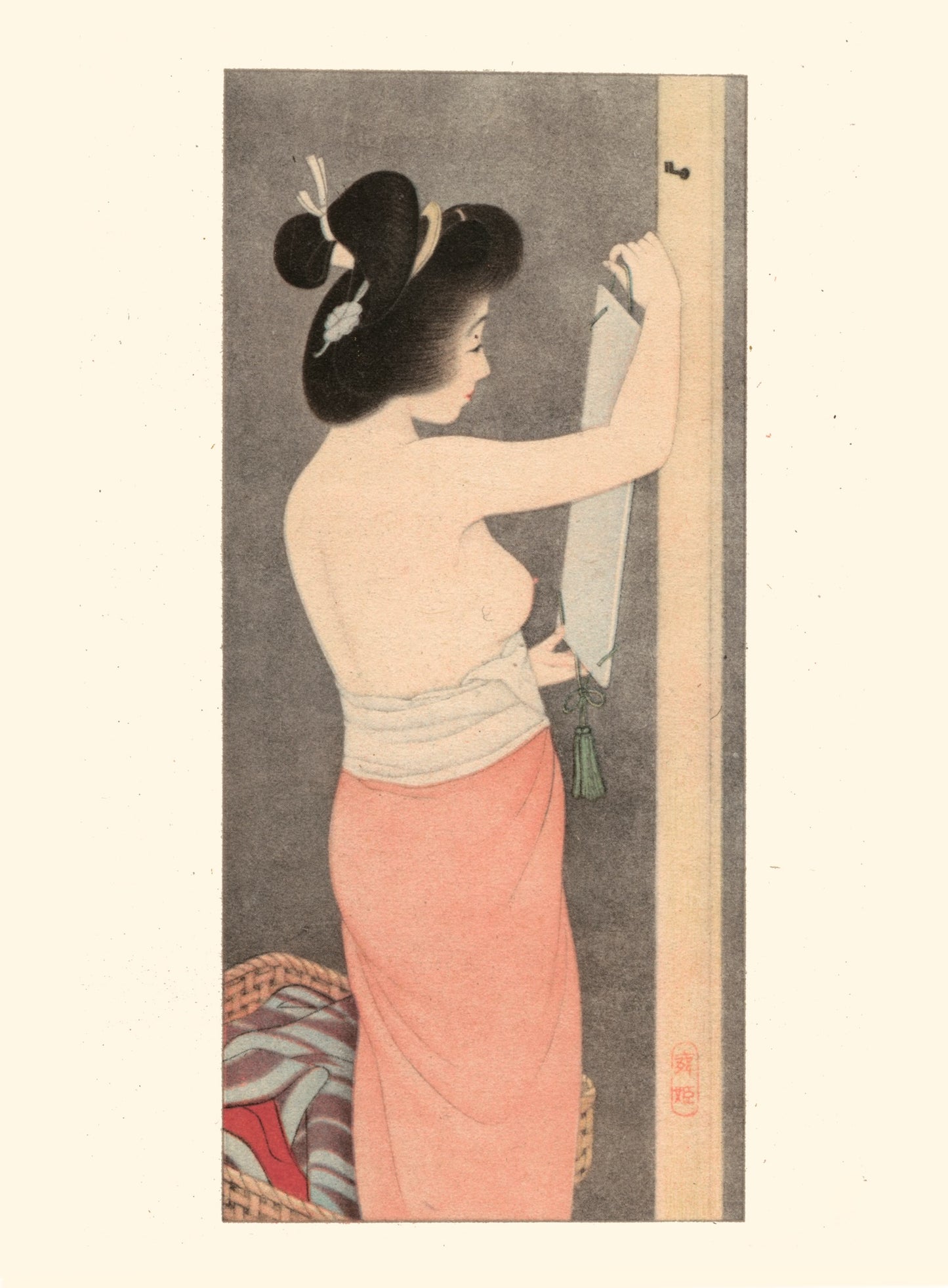 estampe japonaise de Shinsui Ito, une femme seins nus après son bain