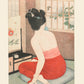 estampe japonaise femme assise sur un coussin rouge devant sa coiffeuse regarde les fleurs à sa fenêtre