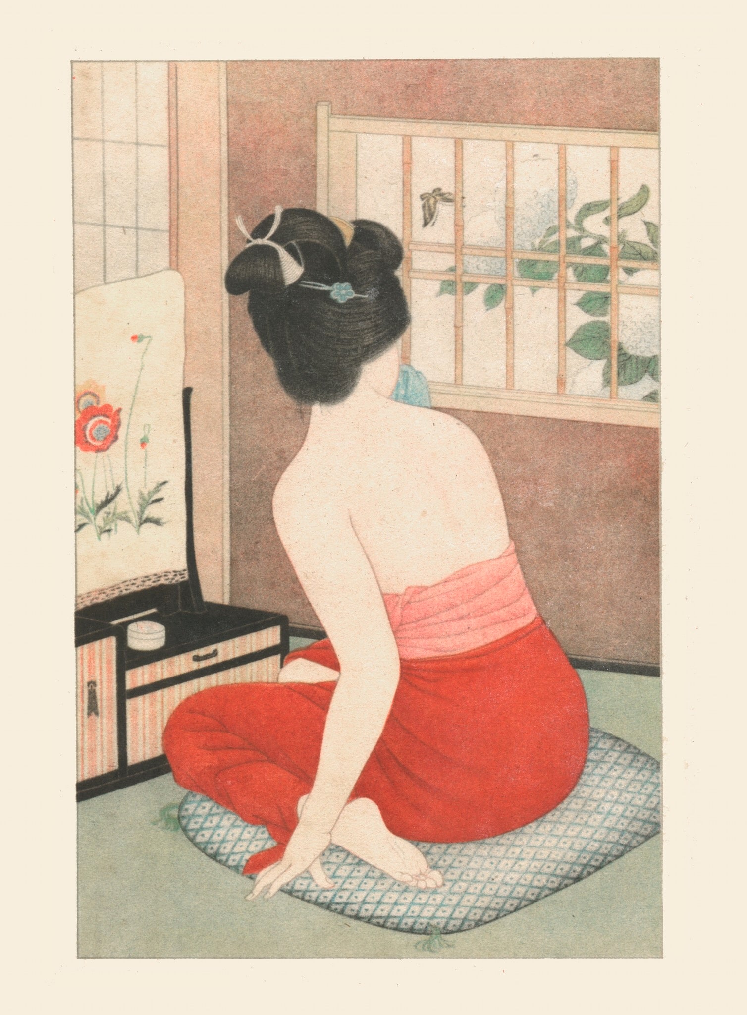 estampe japonaise femme assise sur un coussin rouge devant sa coiffeuse regarde les fleurs à sa fenêtre