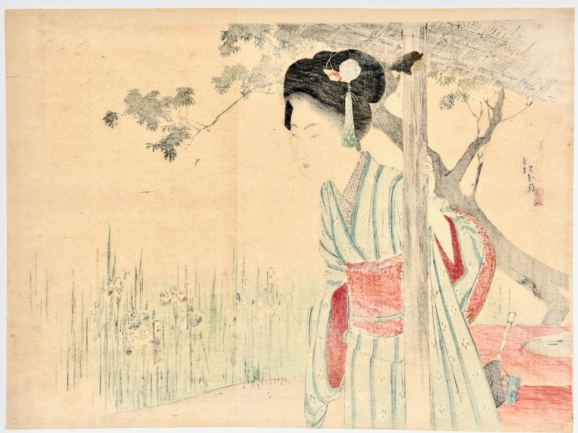 Estampe Japonaise Kuchi-e de Toshikata Mizuno | Jeune femme dans un jardin d'iris DOS