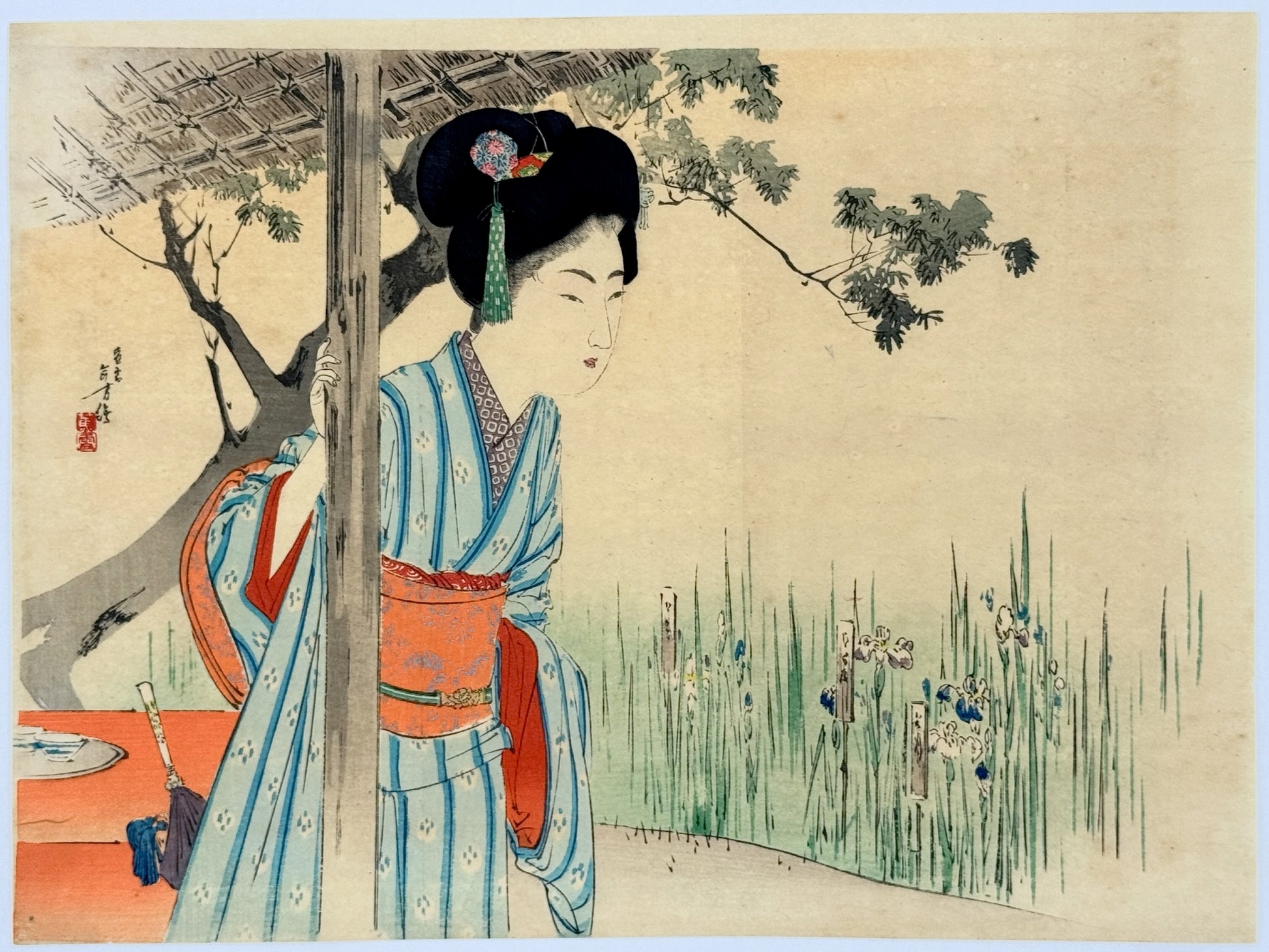 Estampe Japonaise Kuchi-e de Toshikata Mizuno | Jeune femme dans un jardin d'iris