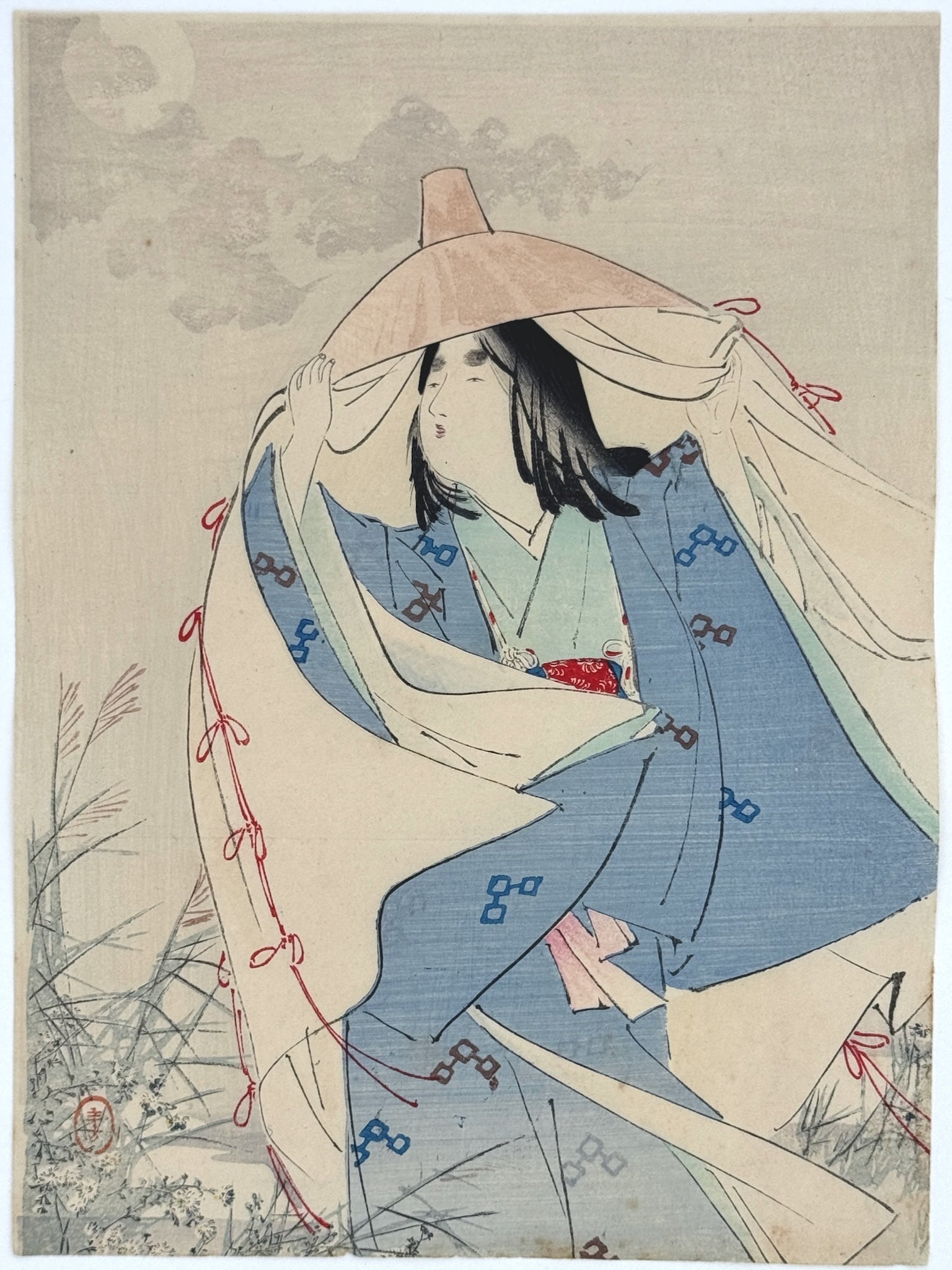 estampe japonaise kuchi-e de Toshikata, beauté soulevant le voile de son chapeau de voyage, pleine lune et hautes herbes d'automne