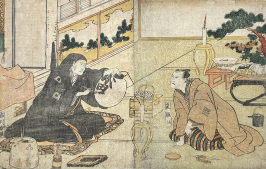 estampe japonaise de Toyokuni 1 Utagawa, homme assis écrivant sur une lanterne en papier, bonsaï