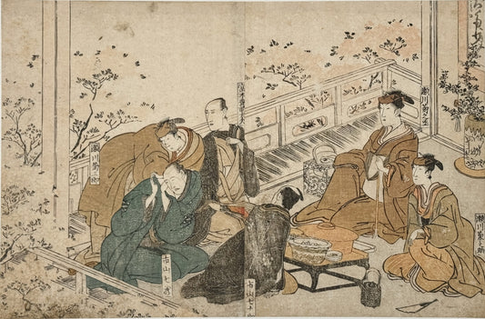 estampe japonaise de Toyokuni 1, hommes en kimono assis autour d'une table sur une terrasse partageant un repas, entourés de cerisiers en fleurs