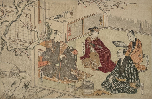 estampe japonaise de Toyokuni Utagawa, hommes assis écoutant la lecture d'un poème, arbres recouvert de neige