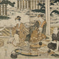 estampe japonaise de Toyokuni 1 Utagawa, hommes en kimono assis sur une terrasse et partageant un repas de poissons, deux acteurs jouent au jeu chifumi (janken en japonais), en arriere plan jardin japonais et lanterne en pierre