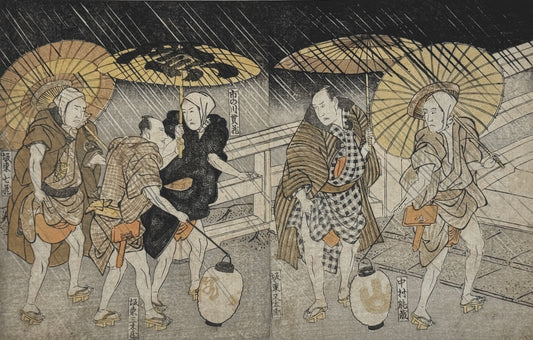 estampe japonaise de Toyokuni 1 Utagawa, hommes en kimono sous des parapluies avec des lanternes une nuit pluvieuse