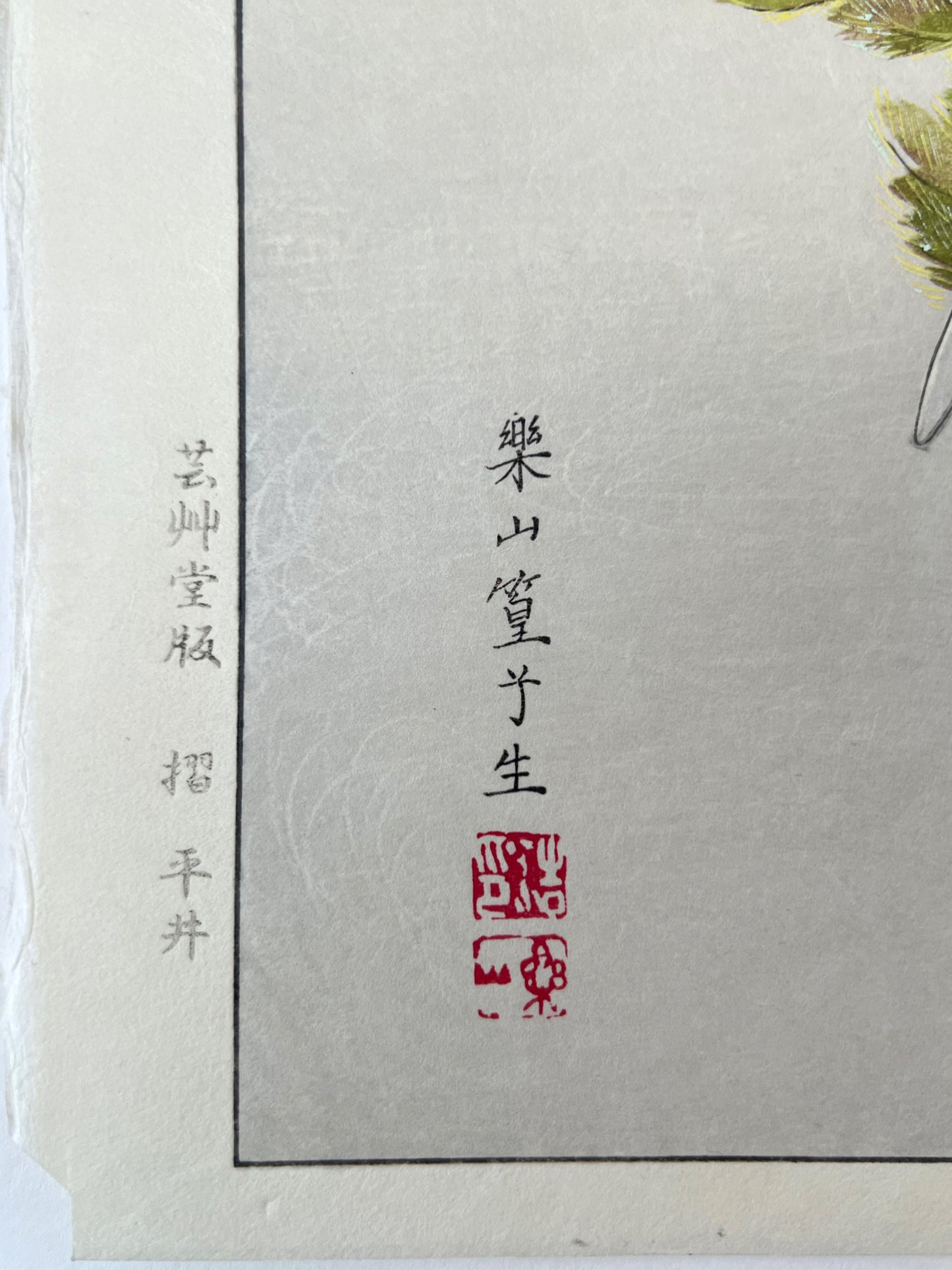 estampe japonaise contemporaine deux poissons rouges japonais et plante élodée, la signature