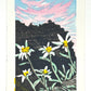 Estampe Japonaise contemporaine de Masaya Watabe, des fleurs edelweiss, blanches et jaunes, face à un paysage escarpé foncé marron contrasté par un ciel bleu et rose pastel. 