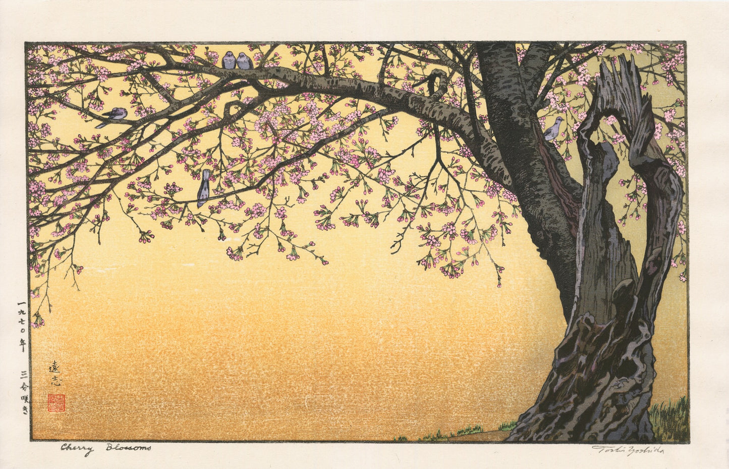 estampe japonaise de toshi yoshida oiseaux sur branche de cerisier en fleurs