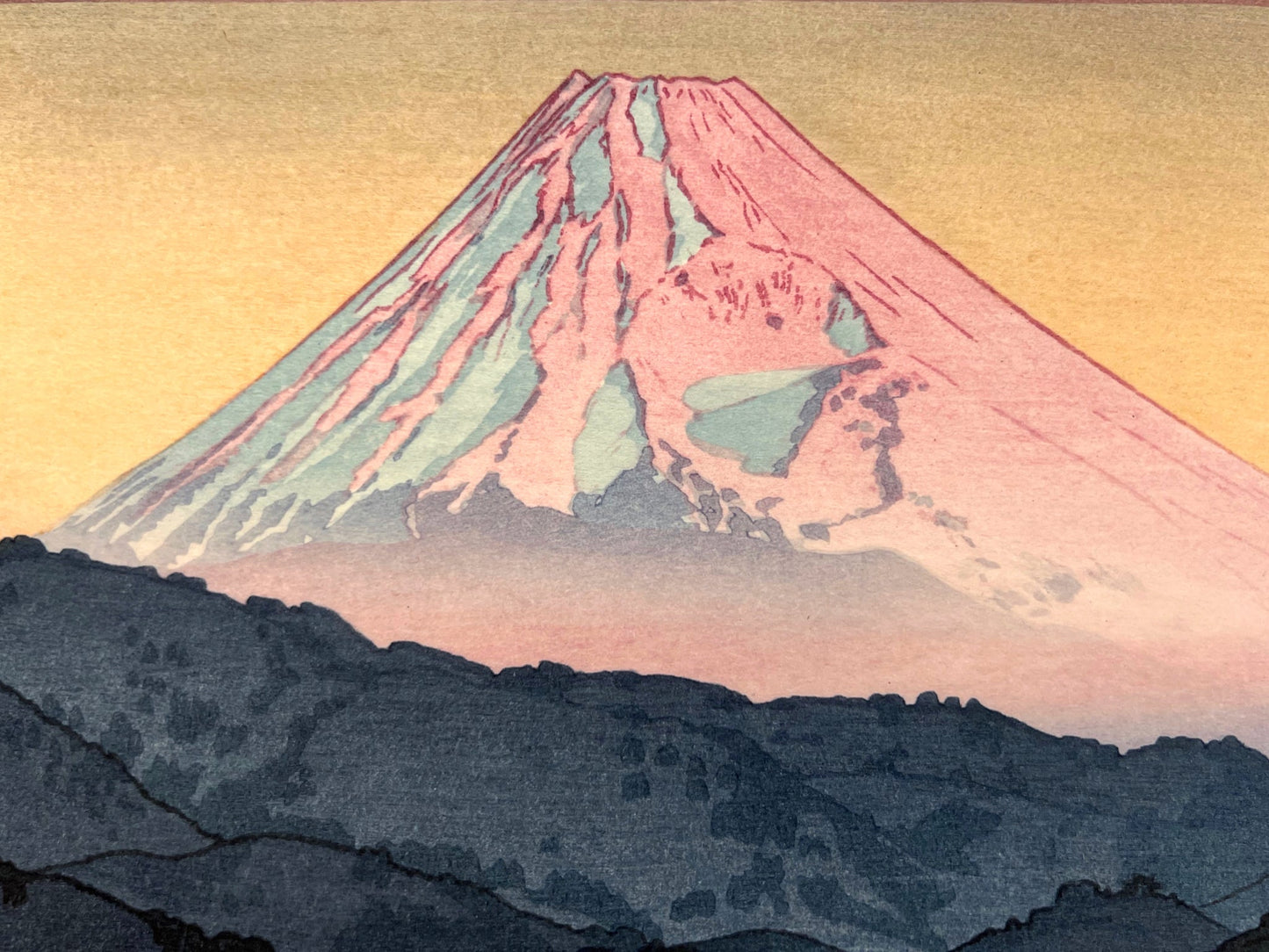 estampe japonaise paysage Lever du jour sur le Mont Fuj, le sommet du Fuji  rose de la lumière du matin