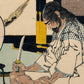 estampe japonaise de Yoshitoshi homme s'apprêtant à faire seppuku, visage main genoux
