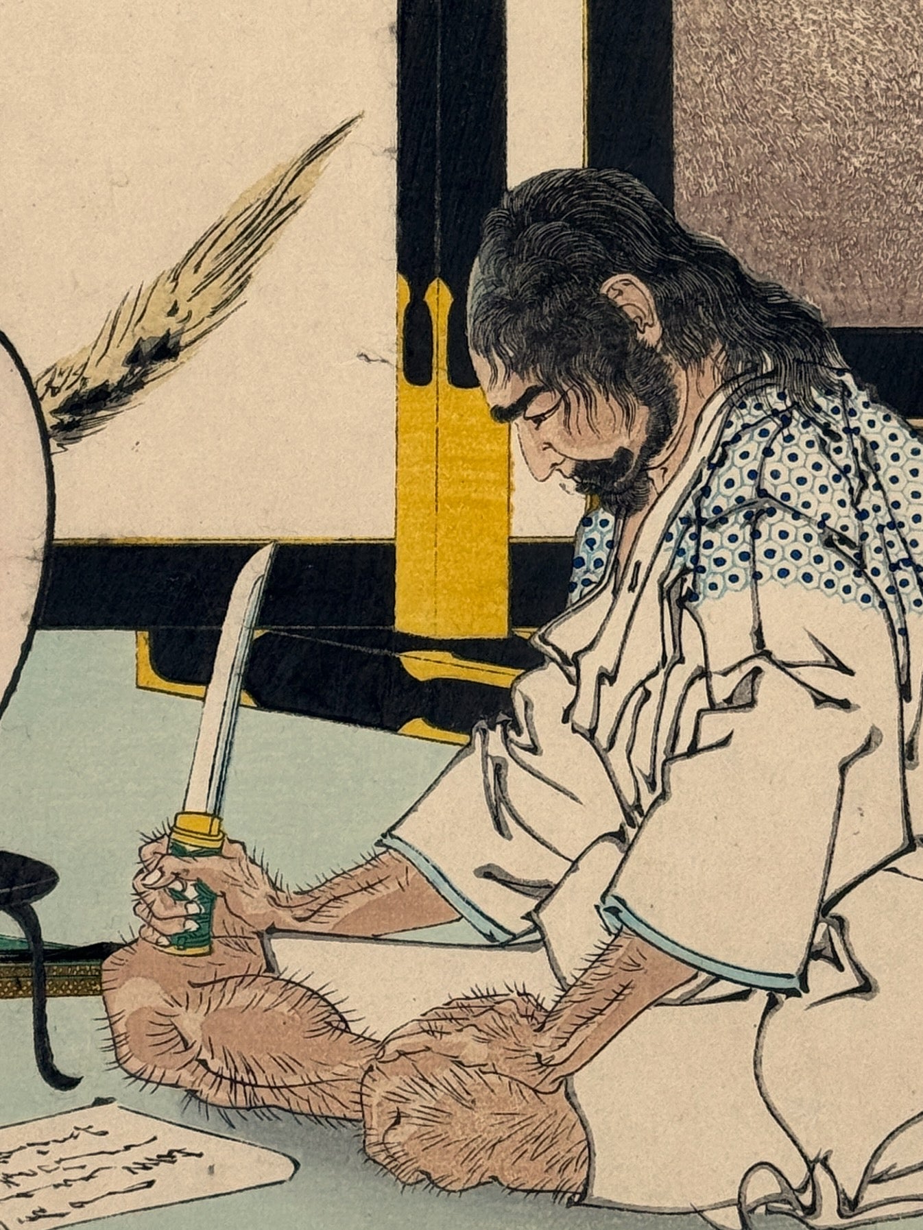 estampe japonaise de Yoshitoshi homme s'apprêtant à faire seppuku, visage main genoux