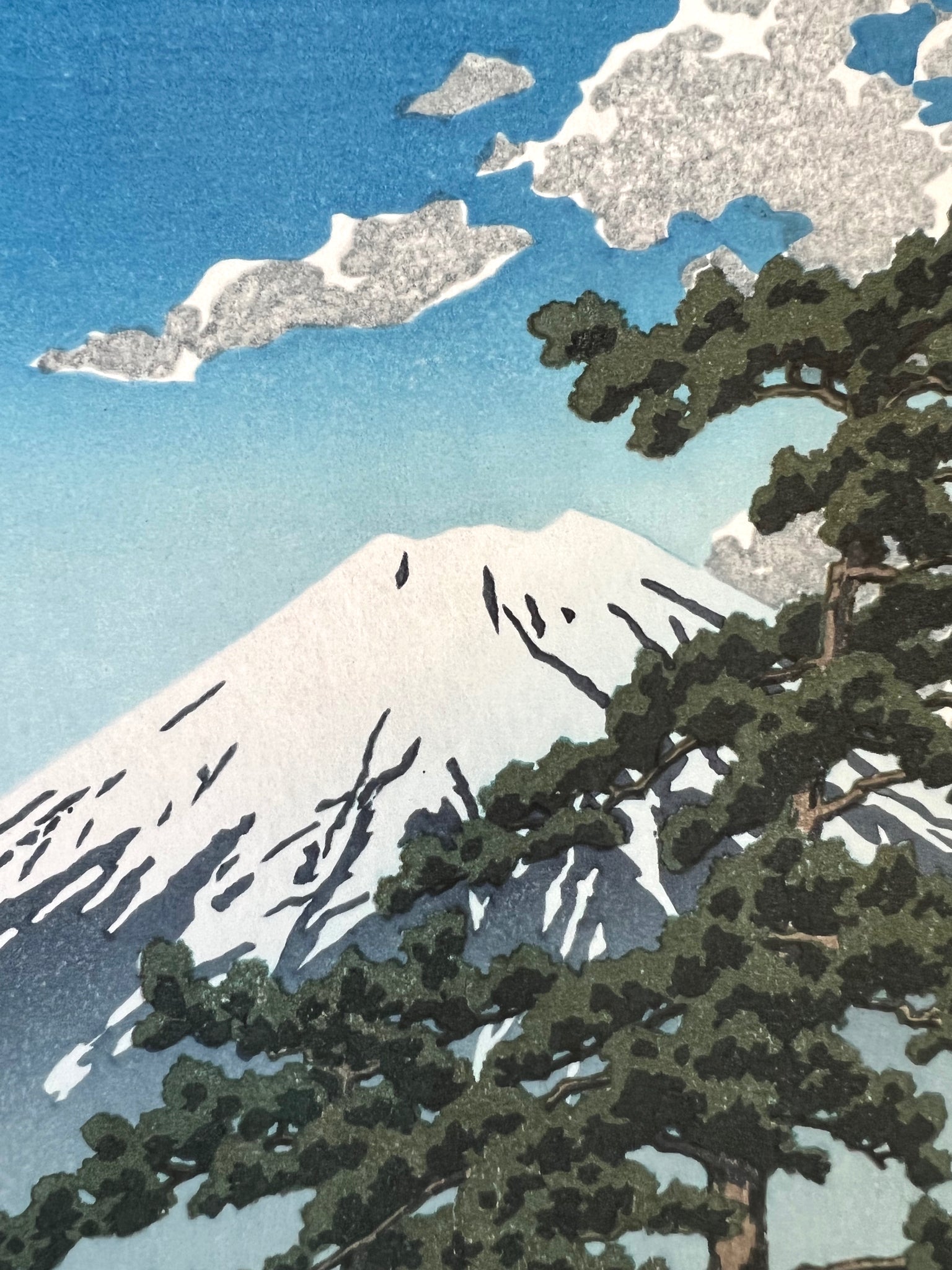 Estampe Japonaise d'Hasui Kawase Gros plan sur le sommet enneigé du Mont Fuji